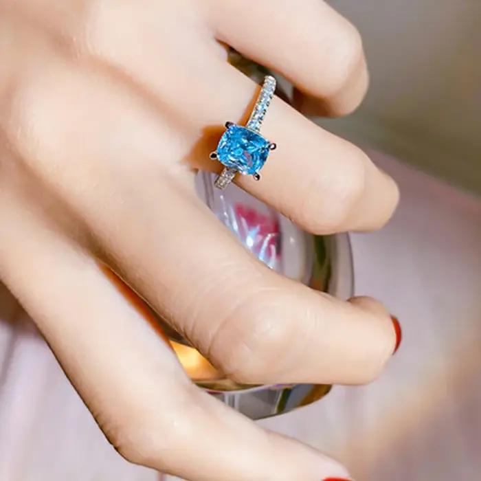 Bagues en argent Sterling 925 avec Zircon carré bleu pour femmes
