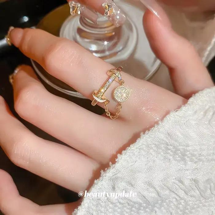 Bague ajustable à pampilles circulaires en zircon et diamant, avec détails goutte d'huile, pour femme, accessoire de fête luxueux et tendance