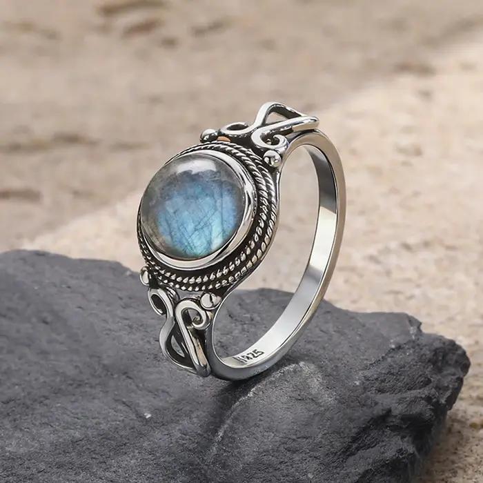 Bague en argent sterling 925 avec labradorite naturelle ronde pour femmes et hommes occasions spéciales vintage élégance prestige