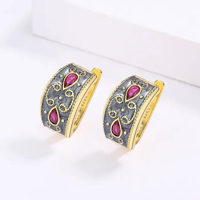 Boucles d'Oreilles Incrustées d'Or en Argent Sterling 925 Émail Bicolore Rouge Classiques pour Femmes Occasions Spéciales
