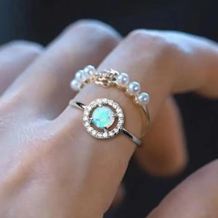 Bague en pierre opale bleue claire double pour femmes, élégante alliance de mariage à la mode pour occasions spéciales et quotidiennes