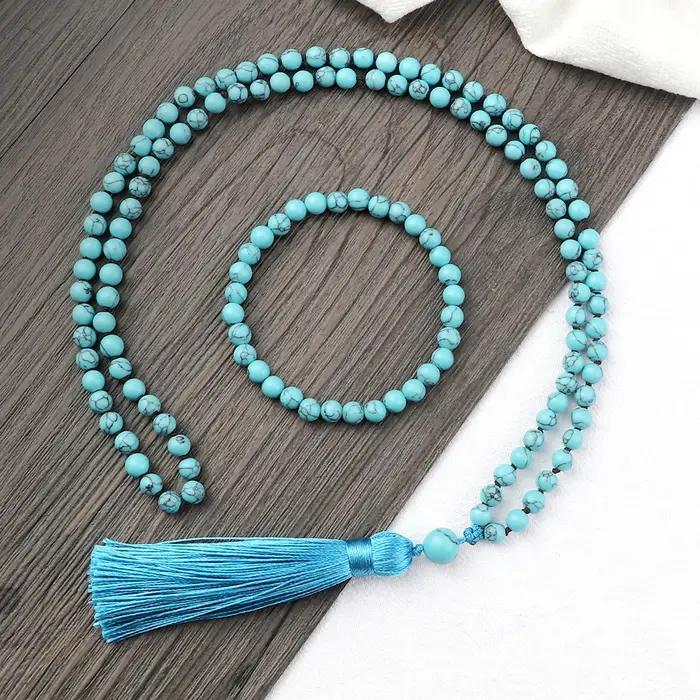 Ensemble de bracelets et collier turquoise bleu 6mm bohème avec pendentif de bénédiction pour couples et occasions spéciales