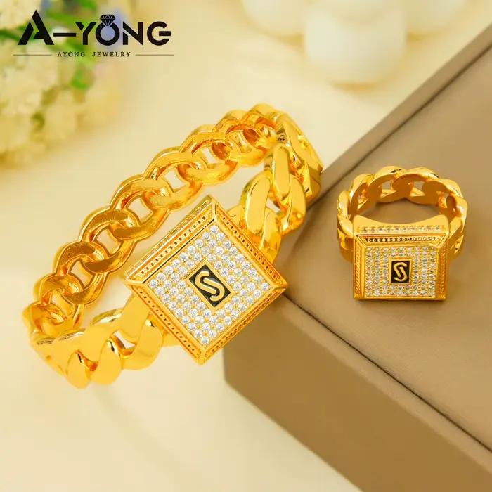 Parure de bijoux hip-hop italienne en zircone plaqué or 24 carats, style arabe punk, bracelets manchette et bague, pour femmes éthiopiennes, idéale pour événements et fêtes