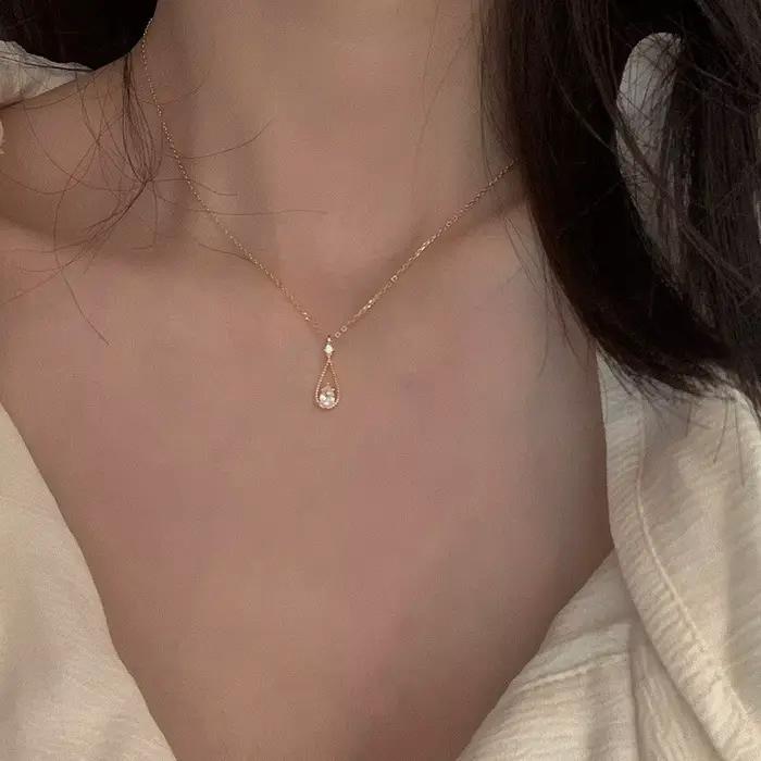Collier avec pendentif goutte d'eau en Zircon brillant, Vintage français, fée femme, couleur or argenté, chaîne de clavicule Simple, bijoux