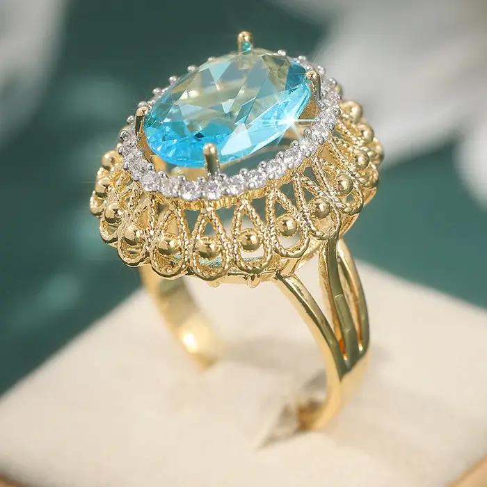 Bague ovale scintillante de luxe en zircone synthétique bleue pour femme, accessoire de bijouterie v