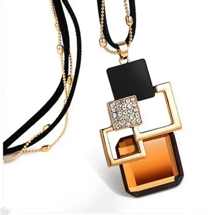 Mode femmes Collier Femme cristal gris bleu couleur géométrique déclaration Colar longs colliers et pendentifs pour