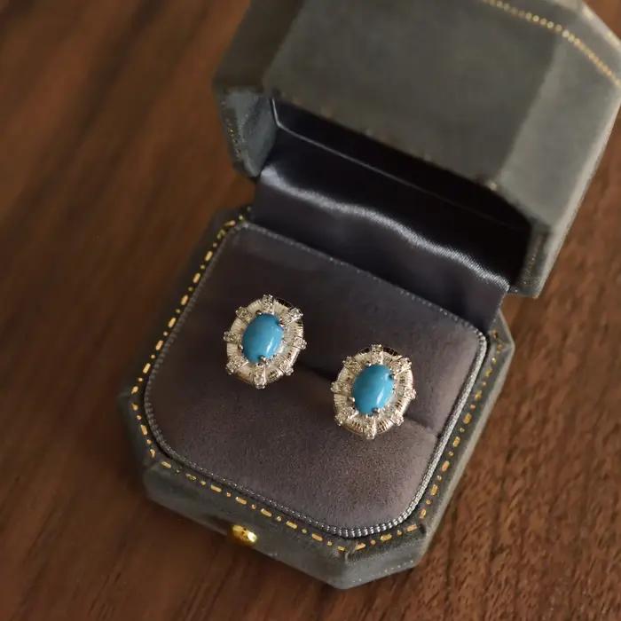 Argent 925 lumière luxe haute qualité turquoise boucles d'oreilles pour les femmes mode ovale fil tréfilage bleu