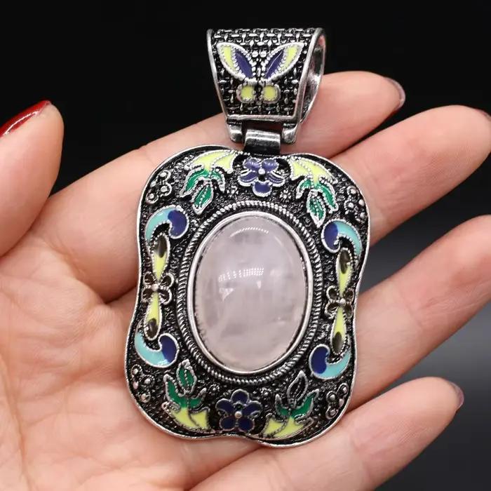 Pendentif en pierre semi-précieuse naturelle, quartz rose, breloques rétro pour bijoux à bricoler soi-même, colliers de la présidence exécutive, bracelets et boucles d'oreilles, taille 38x70mm