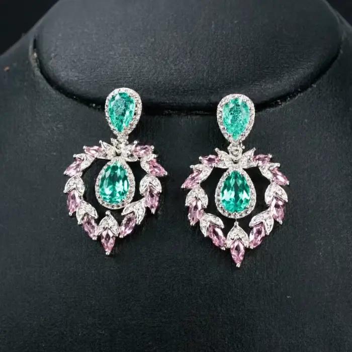 Parure de bijoux rose et vert de luxe léger, collier et boucles d'oreilles élégants, pour mariée, robe de soirée, cadeau pour femme