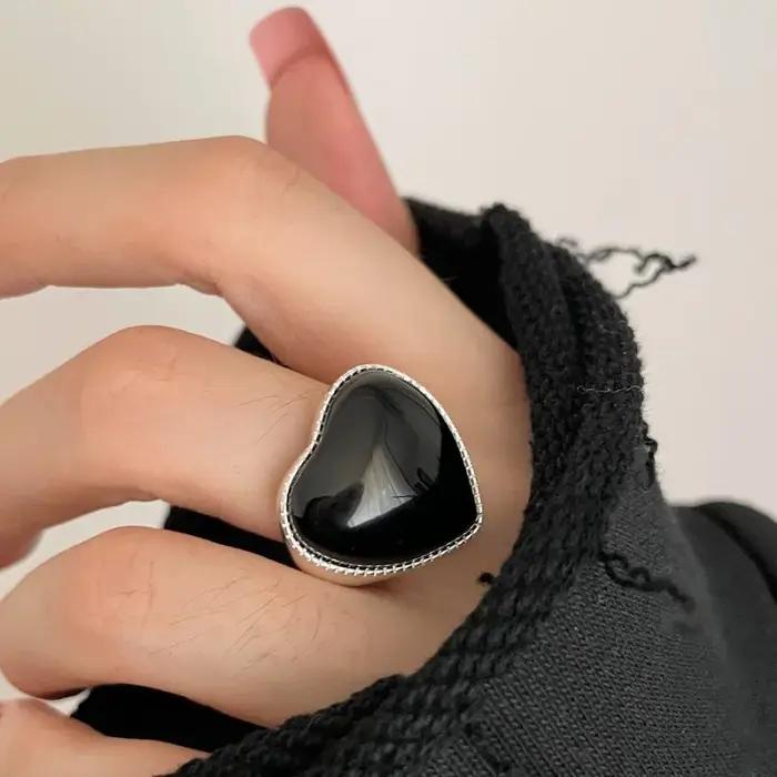 BF CLUB 925 bagues Sterling pour femmes grand coeur noir mode géométrique Vintage fait à la main bague irrégulière cadeaux de fête