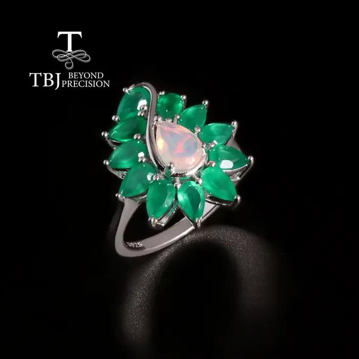 Bague en argent 925 avec agate verte naturelle précieuse et opale, bijoux fins pour femmes, cadeau d