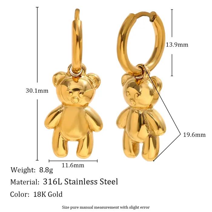 E.B.belle-Boucles d'oreilles créoles petit ours plaqué or, bijoux d'oreille animal, acier inoxydable