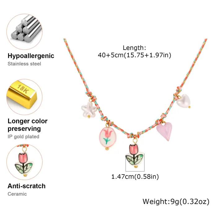 Collier Bohème avec Breloque Tulipe, Pendentif Fleur en Céramique Fait Main, Cordon Tressé, Bijoux Plaqué Or 18K Résistant au Ternissement pour Femme