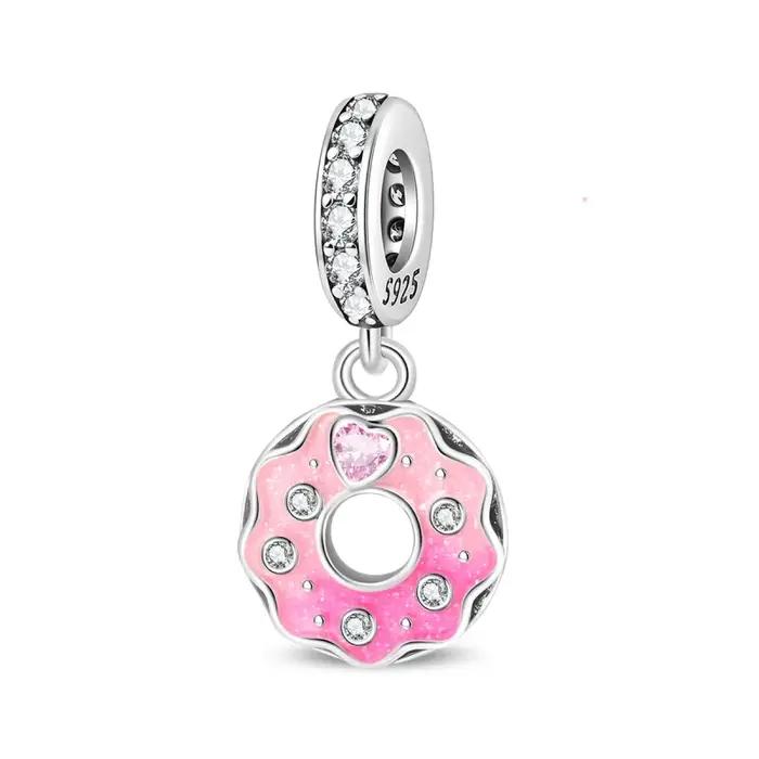 Breloques en argent sterling 925 en forme de donut rose avec zircon, perles pendantes compatibles avec bracelet original de 3 mm, bijoux DIY pour femme, cadeau d'anniversaire ou de fête