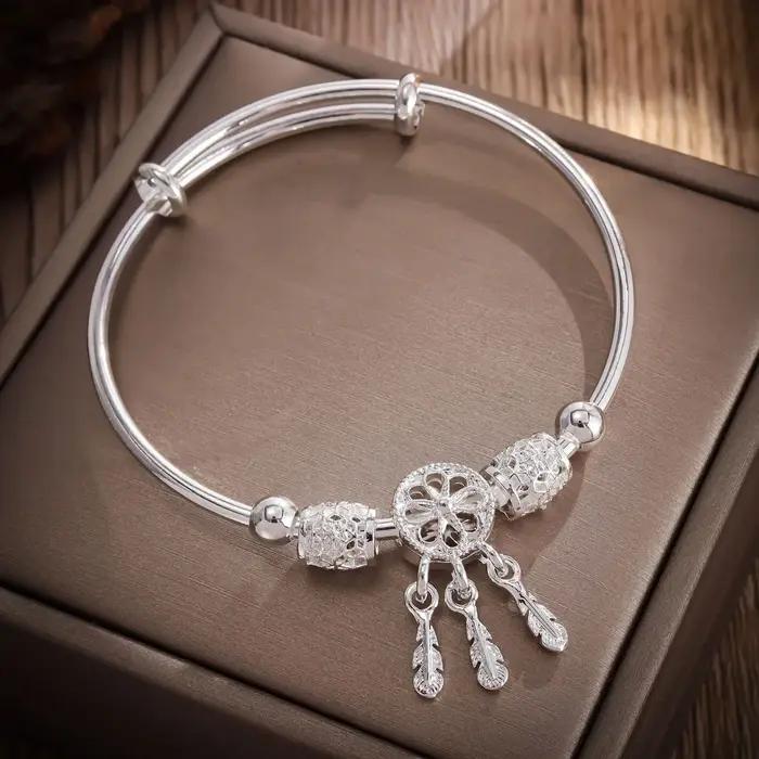 Bracelet en argent Sterling 925 attrape-rêves pompon plume perle ronde pour femmes occasions spéciales cadeau de mariage