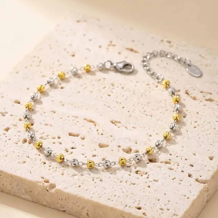 Bracelet à billes texturées bicolores pour femmes, chaîne délicate en acier inoxydable plaqué or 18 carats, résistant au ternissement et à l'eau