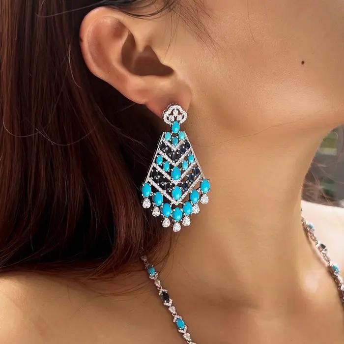 Luxe bleu Turquoise pierres grandes longues boucles d'oreilles à pampilles pour les femmes élégant Boho mariage Banquet