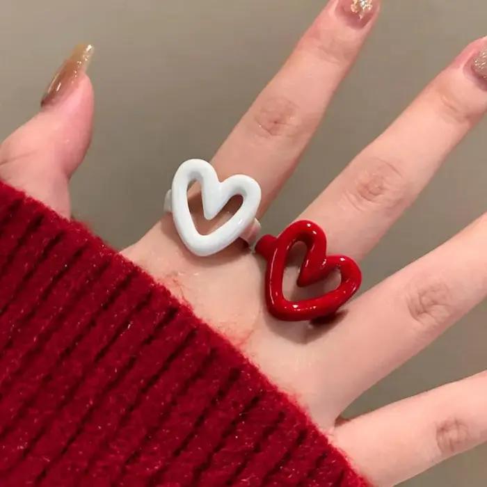 LATS – bague en forme de cœur en émail blanc et rouge pour femmes et filles