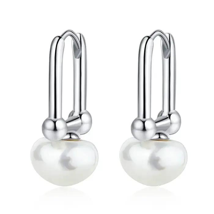 Boucles d'oreilles créoles en perles couleur argent pour femmes, style géométrique minimaliste, accessoires de mode vintage