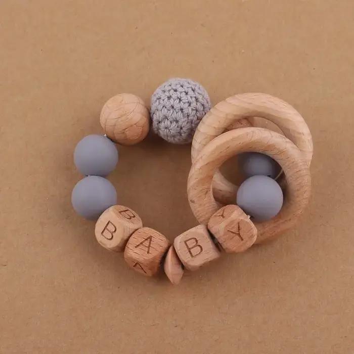 Bracelet de dentition pour bébé, fait à la main, nom personnalisé gratuit, artisanat en bois, perle gravée, perles en Silicone de qualité alimentaire, pendentif Animal en bois
