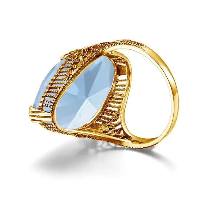 Bague de cocktail royale vintage en argent sterling 925 véritable avec grande pierre ovale en aquamarine bleu ciel pour femme