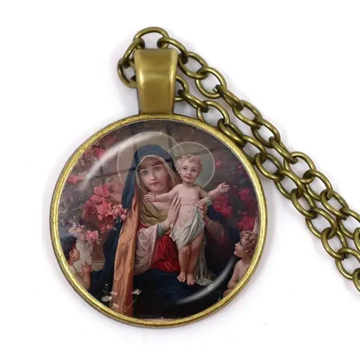 Vierge Marie et bébé jésus catholicisme chrétien bijoux collier béni mère Art religieux verre Cabochon dôme pendentif cadeau