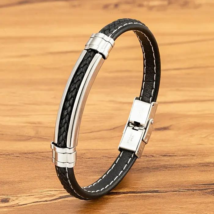TYO mode tissé en cuir véritable métal acier inoxydable boucle de sécurité Bracelet hommes Bracelet