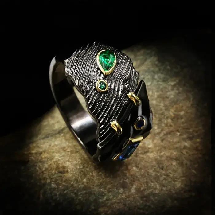 Bijoux créatifs en or noir pour femme bague en relief pierre de document noire collier style ethnique rétro boucles d'oreilles 3 pièces engagement