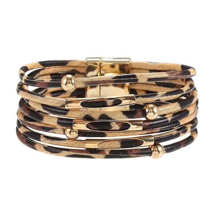 Bracelet en cuir imprimé léopard rétro en métal