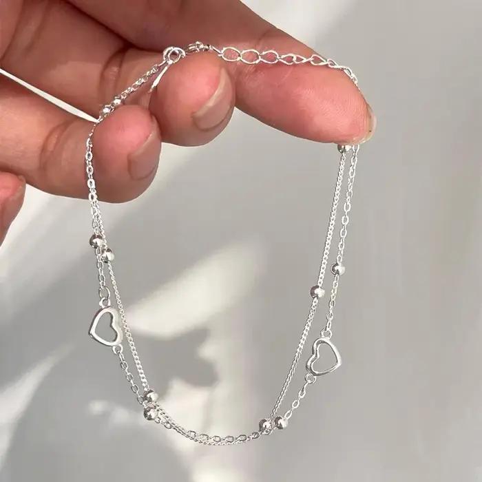 Bracelet en argent sterling 925 forme cœur double couche perles pour femmes et filles cadeau fête romantique vintage design coréen