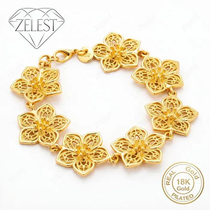 Bracelet en argent sterling 925 plaqué or 18 carats, 8 pouces, motif floral ajouré exquis, pour femm