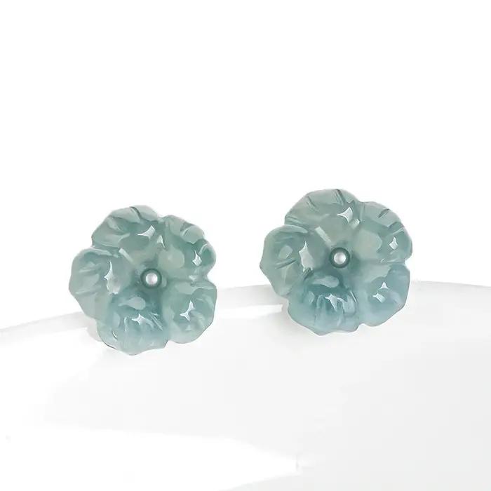 Boucles d'oreilles Blue Peach Blossom pour femmes, jadéite naturelle de qualité A, pétales diversifi