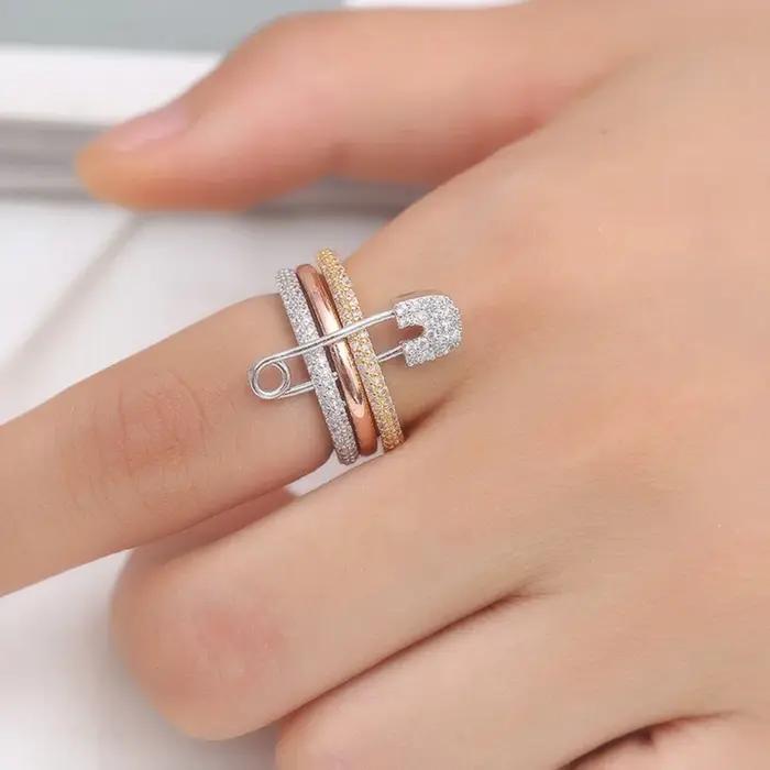 Bague détachable en Zircon incrusté de trois couches pour femmes