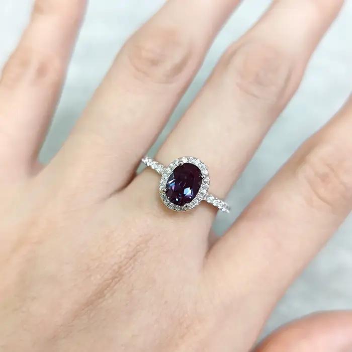 GEM'S BALLET Ovale 6X8mm Halo Lab Alexandrite Bague de fiançailles en argent sterling 925 Anniversaire