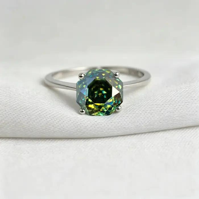 Bague solitaire en moissanite bleu-vert taille octogonale 8*8mm 2 carats