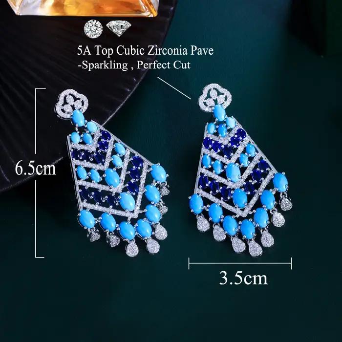 Luxe bleu Turquoise pierres grandes longues boucles d'oreilles à pampilles pour les femmes élégant Boho mariage Banquet