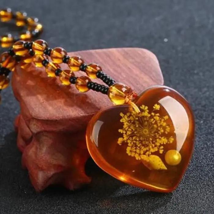 Collier en cire d'abeille ambre pour femmes, pendentif en forme de cœur et de fleur, Imitation de Ja