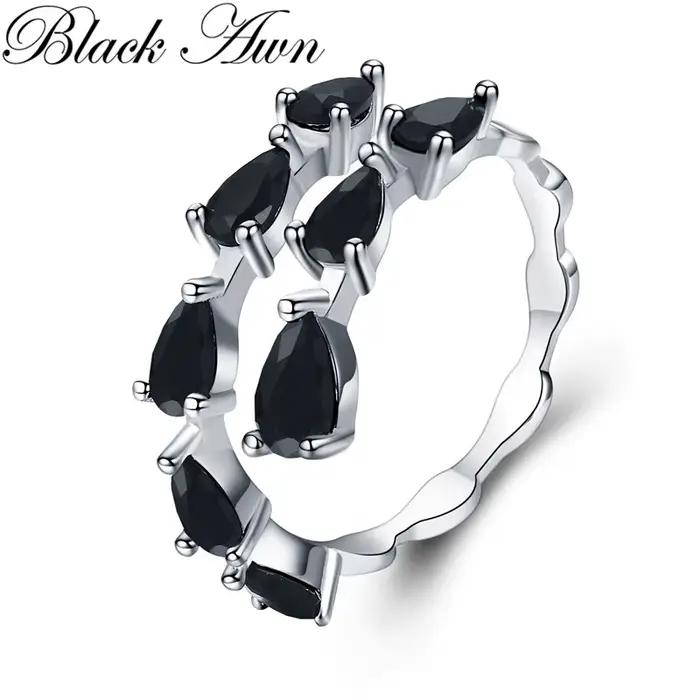 Bague de fiançailles tendance en argent noir avec spinelle noire pour femme, collection 2026, bijoux fantaisie, Anillos Mujer G062