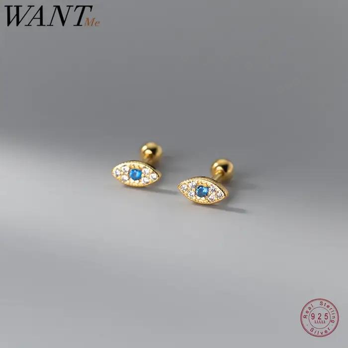 WANTME 925 en argent Sterling mode bleu Zircon oeil du diable vis perles boucles d'oreilles pour les femmes Simple mauvais œil Piercing bijoux