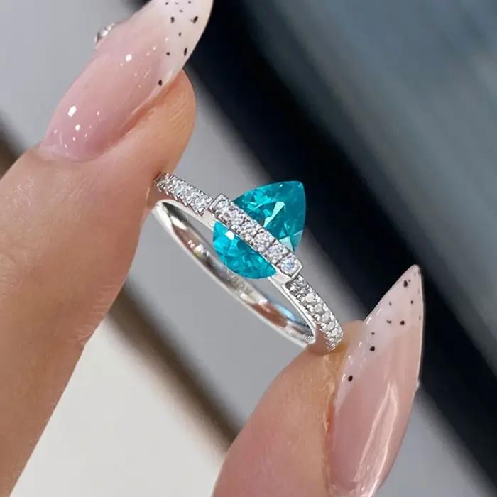 Bagues de fiançailles en argent sterling 925 avec tourmaline Paraiba taille poire et diamant à haute teneur en carbone