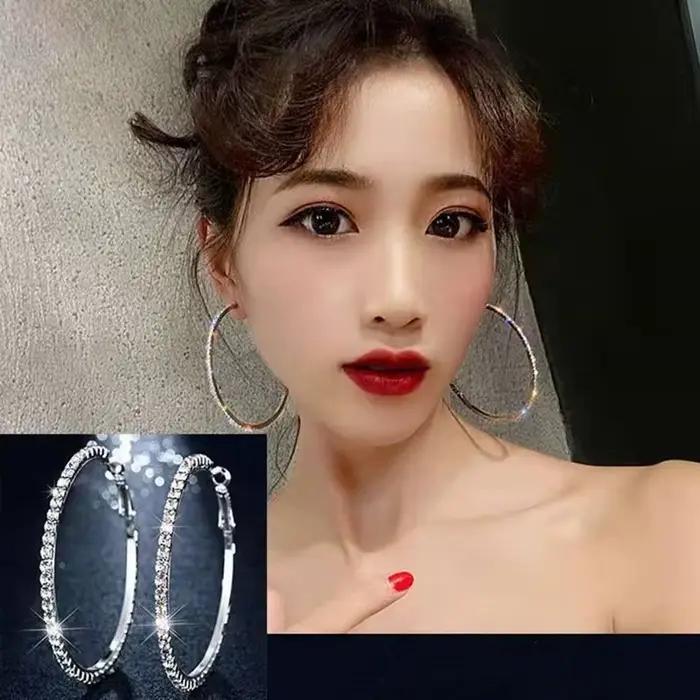 Grandes boucles d'oreilles créoles pour femmes et filles, 30 à 80mm, cercle en cristal strass, couleur noir, or, argent, rondes, cadeau de fête