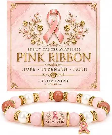 Bracelet de charme de luxe pour femmes, à l'effigie du cancer du sein, ruban rose, bijoux d'encourag