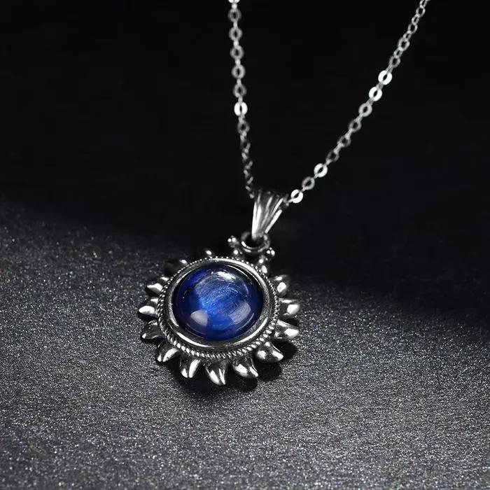 Collier en argent S925 avec Kyanite naturelle pour femmes, bijoux fins, cadeau en forme de soleil, p