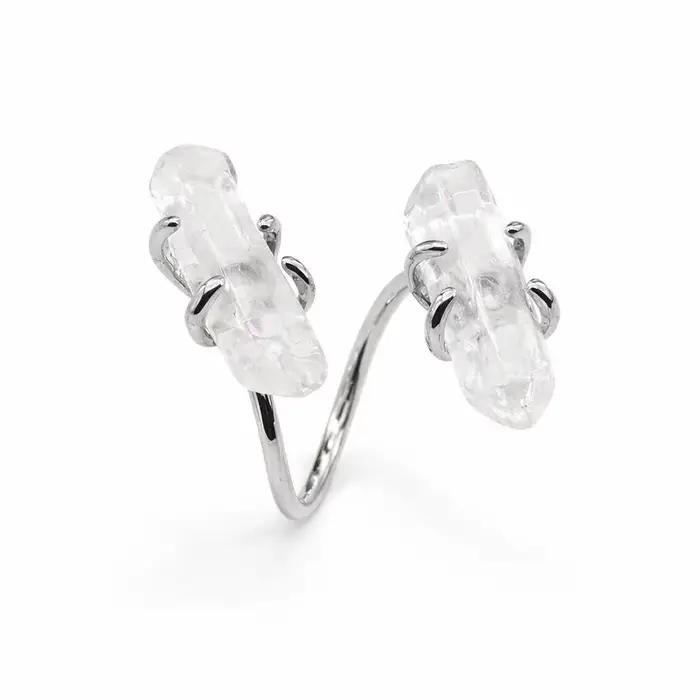 Bague ouverte bohème en quartz naturel transparent pour femmes et filles, couleur argent, pierres br