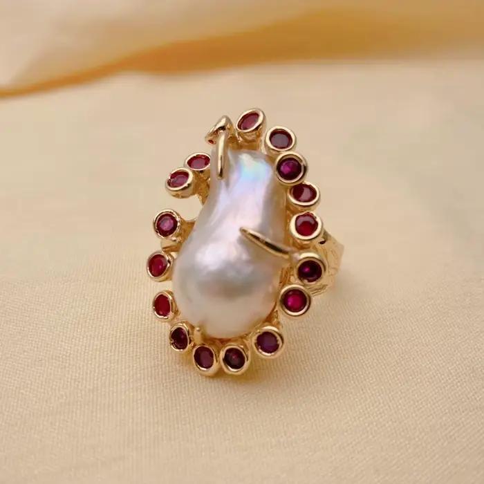 kkgem Fuchsia Cz pavé 23x32mm bague de sonnerie en perles baroques blanches de culture réglable