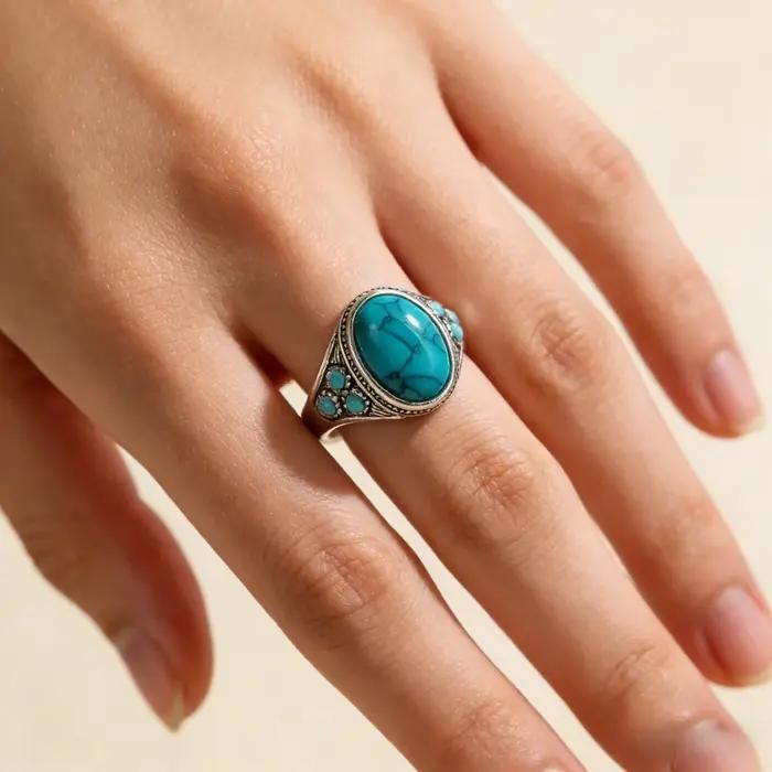Bague en alliage plaqué argent turquoise pour femme