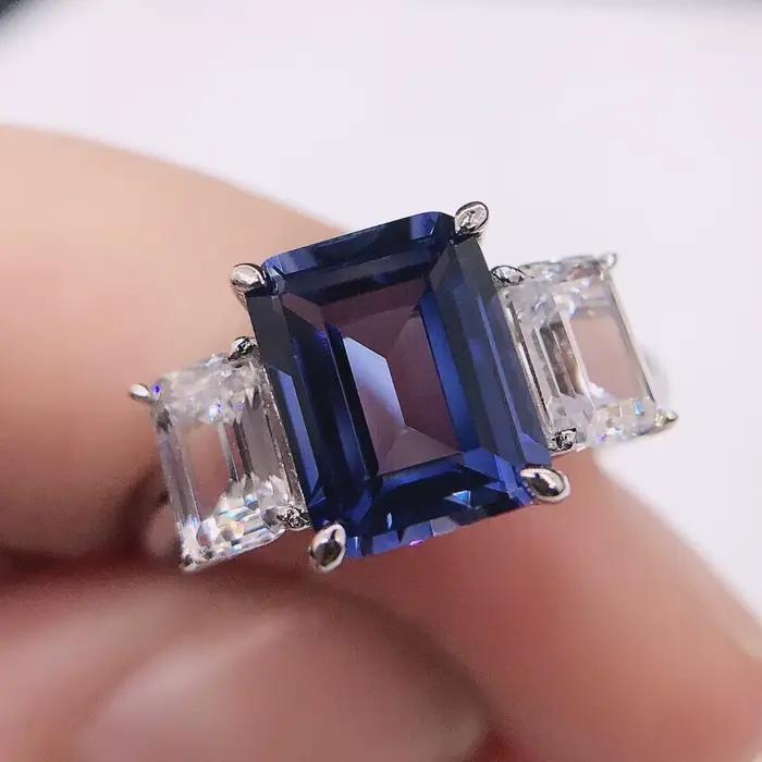 Bague de fiançailles en diamant bleu de laboratoire, or blanc massif 14 carats 585, taille émeraude