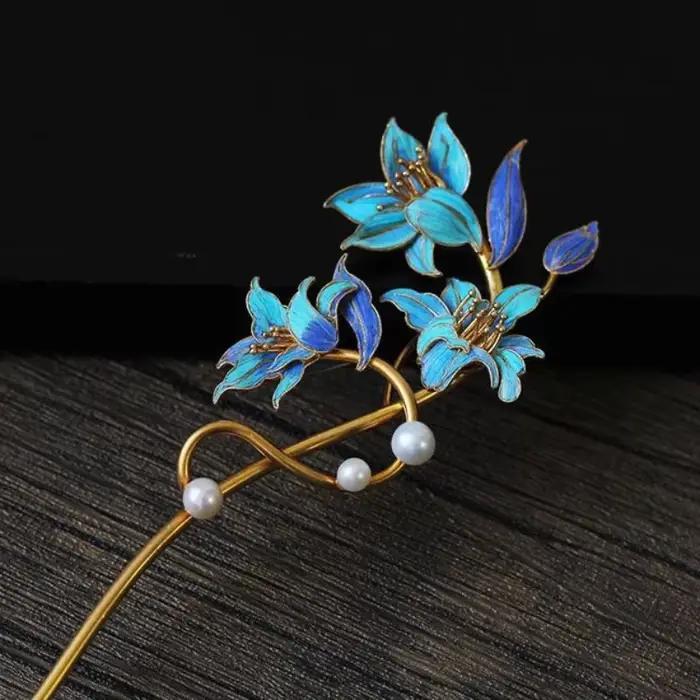 Diadème de fleur de lys bleu avec perle d'émail