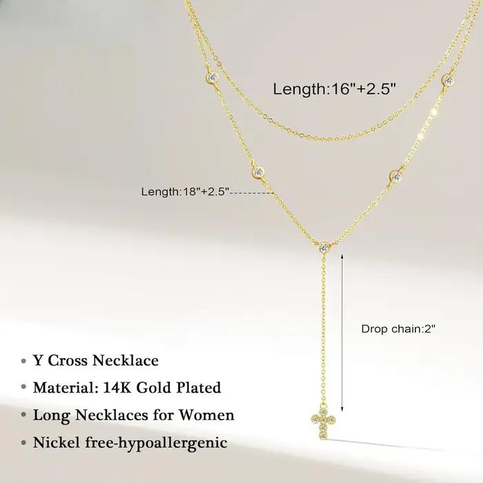 Collier croix Lariat en or véritable 14 carats pour femmes, long pendentif croix superposée en forme de Y, bijoux de baptême religieux et chrétien pour femmes occasions spéciales