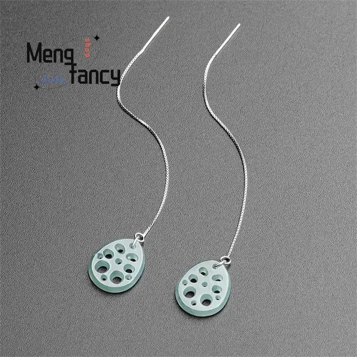 Boucles d'oreilles en jadéite naturelle avec fil d'oreille en argent S925, style ancien personnalisées pour femmes, bijoux à la mode pour occasions spéciales